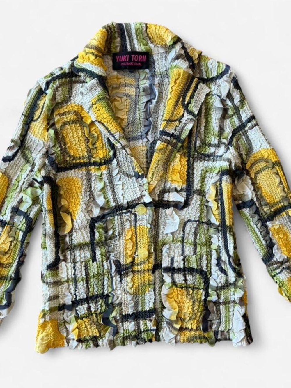 Yuki Torii Women's Abstract Geometric Yellow & Green Crinkle Textured Jacket